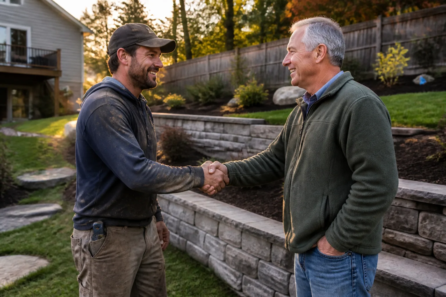 A landscaper and a homeowner shaking hands in front of a finished stone wall