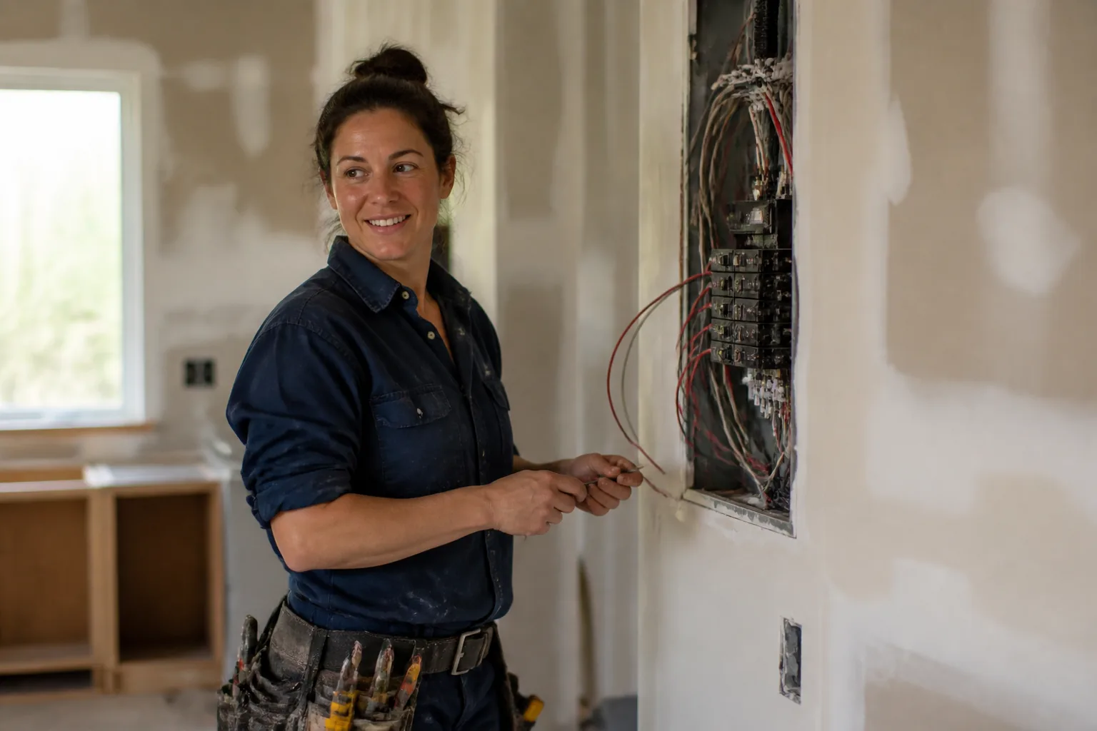 An electrician smiling on the job in a half-finished kitchen