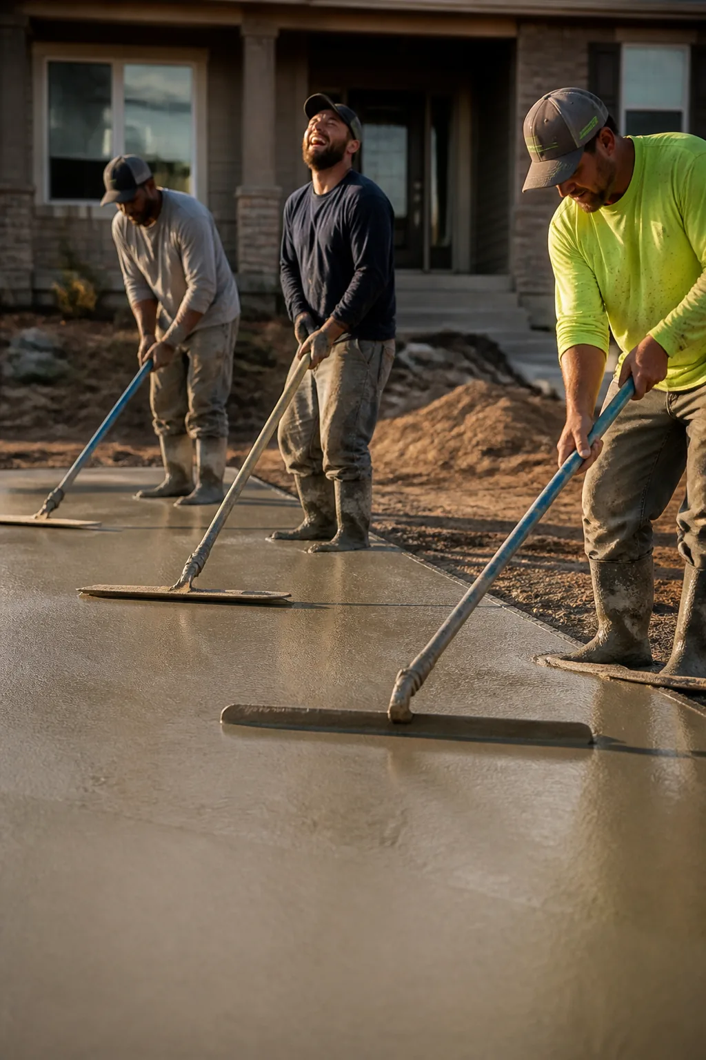 A concrete crew finishing a driveway, one of them laughing