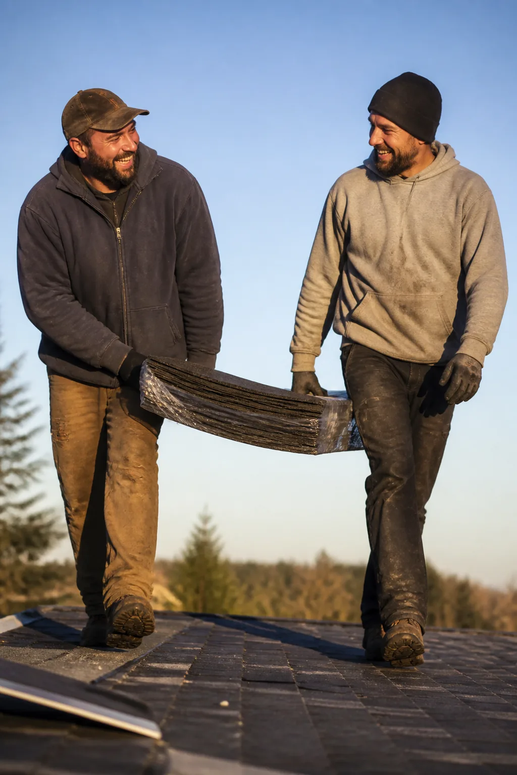 Two roofers laughing together while working on a roof